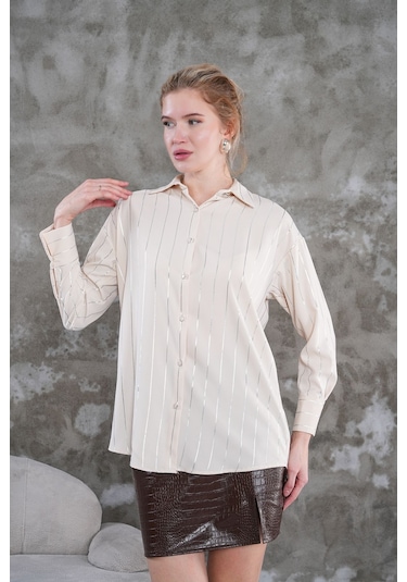 Çizgili Klasik Kadın Gömlek Bej