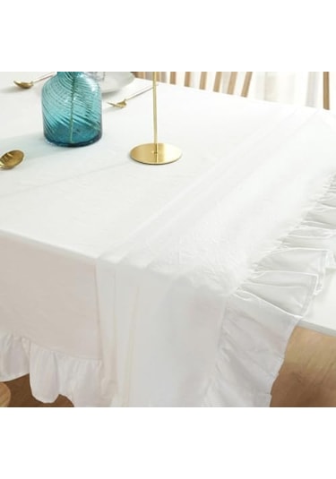 Vintage Keten Fırfırlı Masa Örtüsü Dayanıklı Pamuk Keten - 16 En