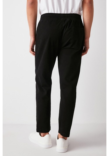 Reese Erkek Rahat Fit Beli Lastikli Dokuma Pamuk Elastan Kumaşlı Yıkamalı Siyah Pantolon