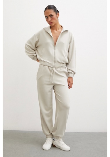 Never More Fermuarlı Sweatshirt Taş