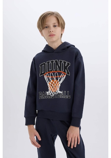 DeFacto Erkek Çocuk 2'li Takım Kapüşonlu Baskılı Sweatshirt Beli Paçası Lastikli Eşofman Altı B0410A824CWAR225