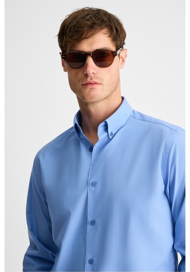 RISTO Erkek Düğmeli Yıkama Sonrası Ütü İhtiyacını En Aza İndiren Kumaş Gömlek Yaka Manşetli Koyu Mav