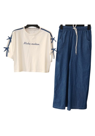 Kız Çocuk Kolları Kurdele Detaylı Tişört Pantolon Oversize Takım Beyaz