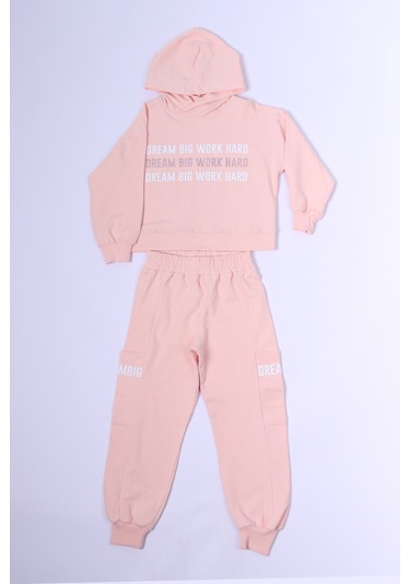 Kız Çocuk Kapşonlu Eşofman Takımı Baskılı Ribanalı C38 Yavruağzı