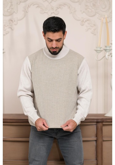 Woolen World Balıkçı Yaka Desenli Yünlü Erkek Triko Kazak Krem