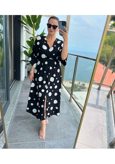 Kadın Puantiyeli Kruvaze Uzun Elbise Desenli