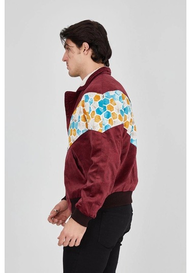 Erkek İçi Astarlı İçten Yaka Kısmı Peluşlu Beyaz Şeritli Vintage Ceket - Mürdüm Siyah