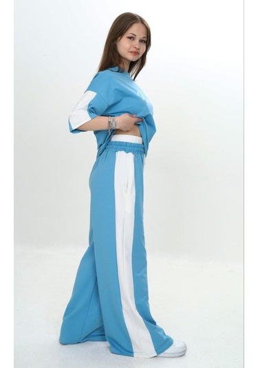 Kız Çocuk %100 Pamuk London Baskılı Oversize Garnili Truvakal Kollu Eşofman Takımı-293-eşt-0010 Turkuaz