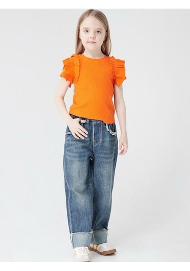 Kız Çocuk Kaşkorse Kolları Fırfırlı Bluz-13810-turuncu Turuncu