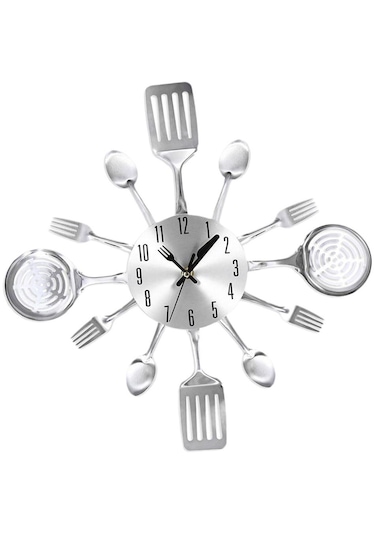 Homyl 3d Duvar Saati Mutfak Paslanmaz Çelik Çatal Bıçak Simli Simli