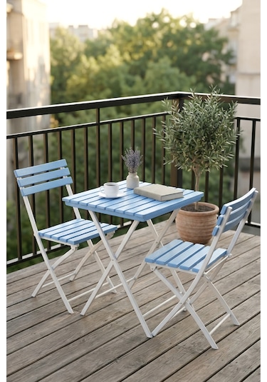 Katlanabilir 3'lü Masa Sandalye Bahçe & Bistro & Kamp & Balkon Takımı - Mavi