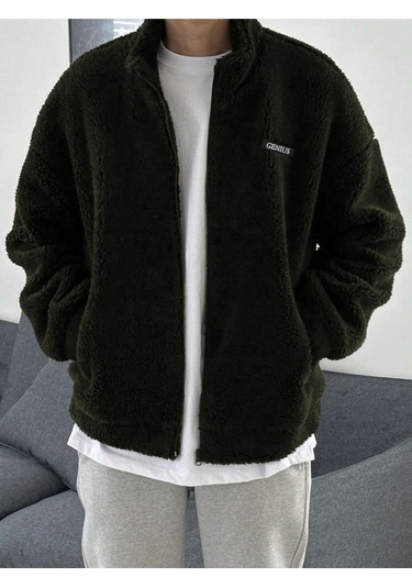 Oversize Tam Fermuarlı Kuzu Sweatshirt İçi Polarlı Sherpa Kumaş Sweatshirt Haki