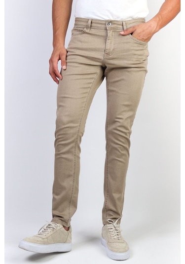 Erkek Bej Slim Fit Esnek Likralı Jean Kot Pantolon Bej