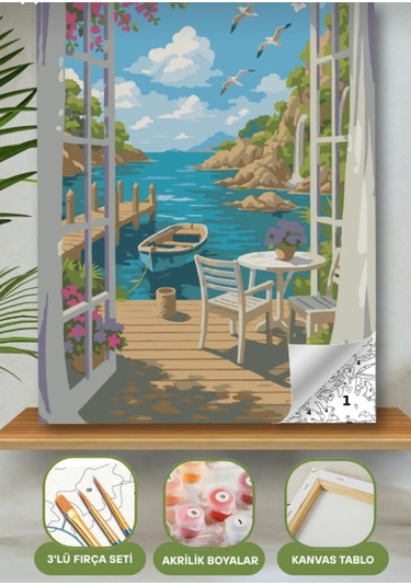 Denic Sayılarla Boyama Seti 40x50 Cm (Çıtalı) Fırça Boya Dahil Numaralı Tuval Cam Manzaralı