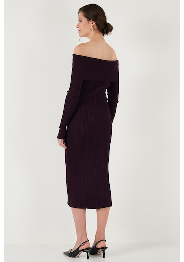 Lela Premium Fitilli Carmen Yaka Slim Fit Midi Boy Triko Bayan Elbise 680El00033 Mürdüm