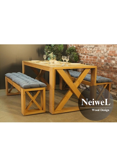 Neiwel Garden Mora Doğal Ahşap Banklı Bahçe Masa Takımı-100-200 Takım Açık Ceviz