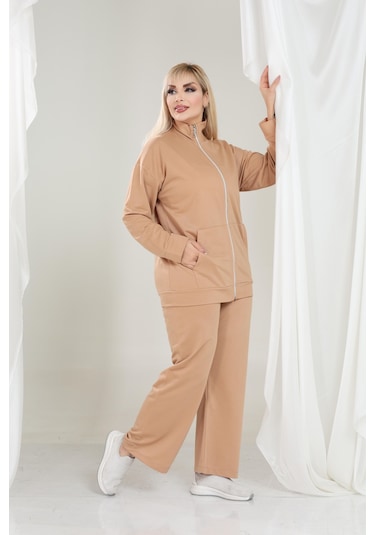 Kadın Büyük Beden Fermuarlı Uzun Kollu Rahat Günlük Eşofman Takım Camel