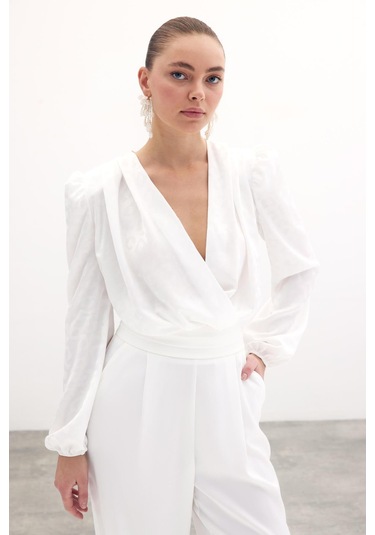 Kruvaze Desenli Bodysuit Bluz - Ekru-134280 Ekru