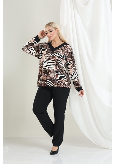 Bambu Viskon V Yaka Uzun Kollu Bluz Rahat Kalıp, Büyük Beden Xl 6xl Zebra