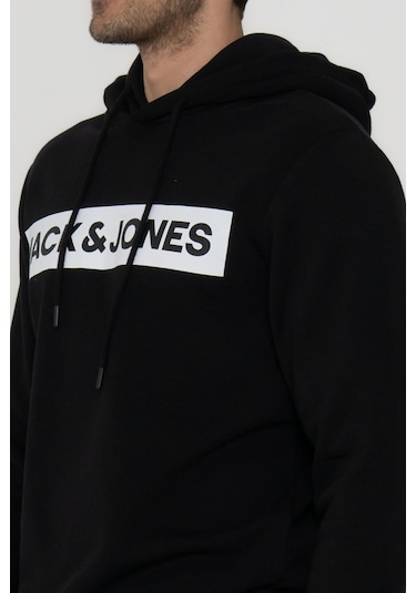 Jack & Jones Erkek Logo Baskili Kapüsonlu Sweatshirt - Minder 12214643 Black Koyu Yeşil