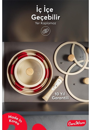 Ceraware Hona XL 14 Parça Tak Çıkar Saplı İç İçe Geçebilen Seramik Yapışmaz Tencere Tava Seti Bej