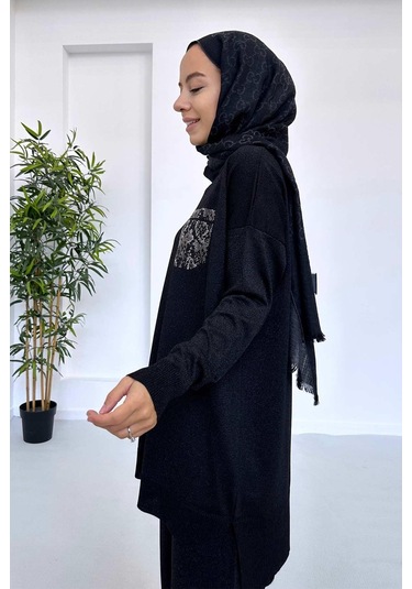 Kahijab Taşlı Cep Merserize Takım - Siyah