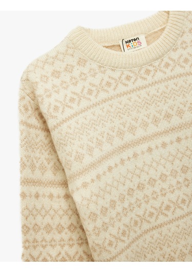 Koton Uzun Kollu Bisiklet Yaka Desenli Triko Kazak Bej Desenli 6wkg90082ht Ekru Desenli