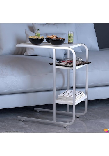Modilayn C Yan Sehpa Dar Boy Tekerlekli Çalışma, Atıştırmalık, Yemek, Laptop Sehpası Beyaz Beyaz