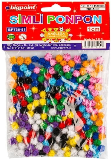 10 Farklı Renkte Bigpoint Marka 1 Cm Simli Ponpon 200 Adet