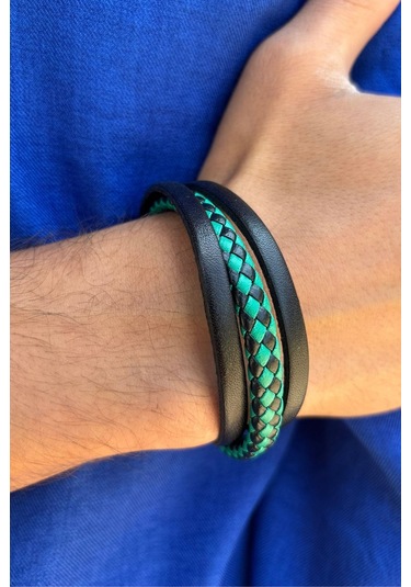 Yeşil Siyah Desen El İşçiliği İle Üretilmiş Hakiki Deri Erkek Bileklik Siyah