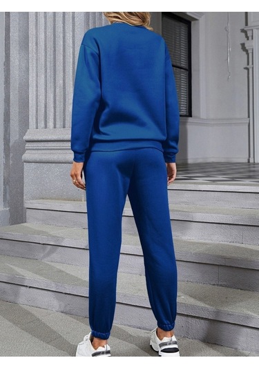 Basic Düz Eşofman Takımı Sweatshirt Jogger - Sax Mavi Oversize Şardonlu Bisiklet Yaka Sax Mavisi
