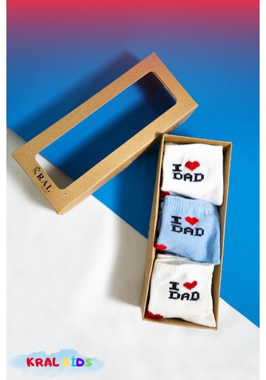 6 Çift Erkek Bebek Çorap Kutulu Patik Boy I Love Dad Desenli, Pamuklu MAvi