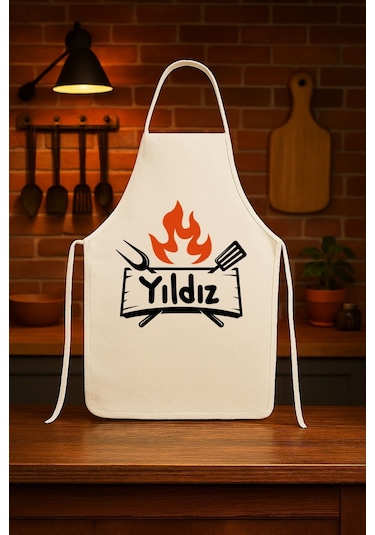 Kişiye Özel Karikatür İsimli Mutfak Önlüğü Steak Şef Model Krem
