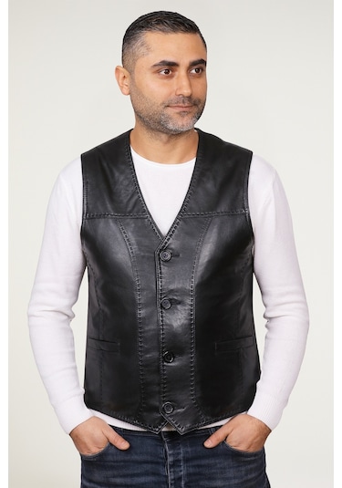 Derije Texas Hakiki Deri Erkek Siyah Punto Dikişli Yelek