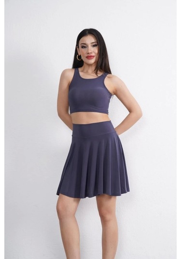 Sendy Kumaş Bisiklet Yaka Crop Şortlu Etek İkili Takım - Antrasit Antrasit