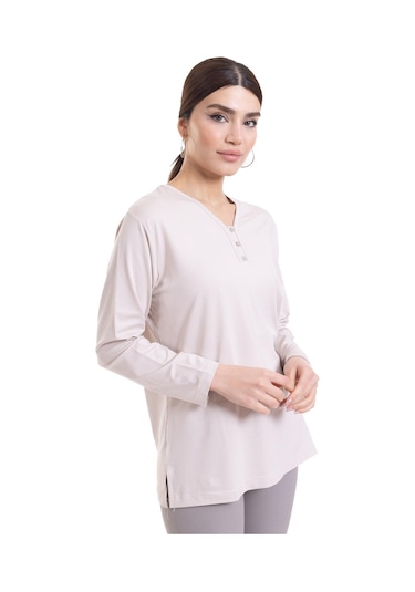 Kadın Orta Yaş ve Üzeri Dört Mevsim V Yaka Rahat Kalıp Likralı Viskoz Anne Penye Bluz 140-Krem Rengi Krem