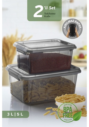 2'li Set Kilit Kapaklı Un Bakliyat Erzak Kabı - Çok Amaçlı Düzenleyici Deterjan Saklama Kutusu 3l-5l Siyah
