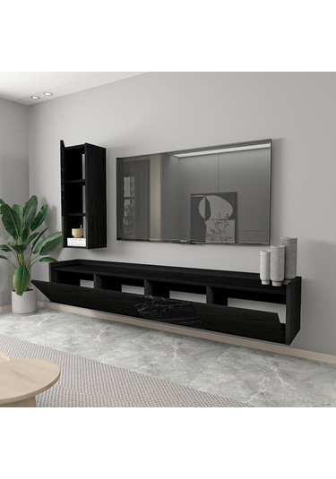 T007 Duvara Monte, Raflı Tv Ünitesi, Tv Sehpası - Ahşap Siyah/mermer Ahşap Siyah/mermer