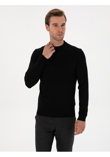 Cacharel Siyah Slim Fit Yün Karışımlı Çeyrek Balıkçı Basic Triko Kazak