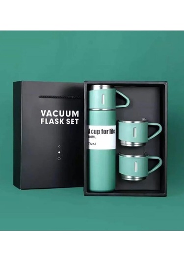 500 Ml Paslanmaz Çelik 3 Bardaklı Termos Set Yeşil