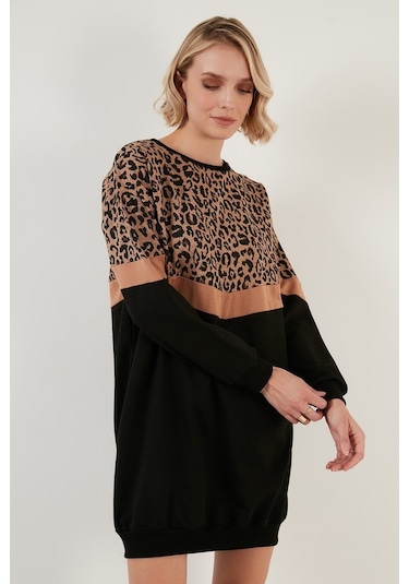 Lela  Leopar Desenli Renk Bloklu Oversize Bisiklet Yaka Bayan Tunik 5863604 Siyah