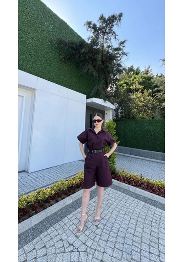 Kadın Yakalı Gömlek Kemerli Şortlu Takım - Bordo Bordo