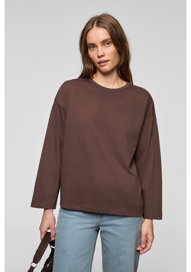 Grımelange Basıl Kadını Oversize %100 Organik Pamuk Örme Uzun Kol Koyu Kahverengi T-shirt Koyu Kahverengi