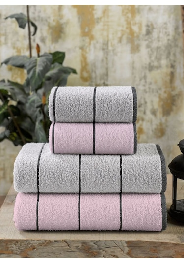 Eumenia Pudra Valona 50 x 85 – 70 x140 cm 4'lü Banyo Havlu Seti | Pudra-Gri