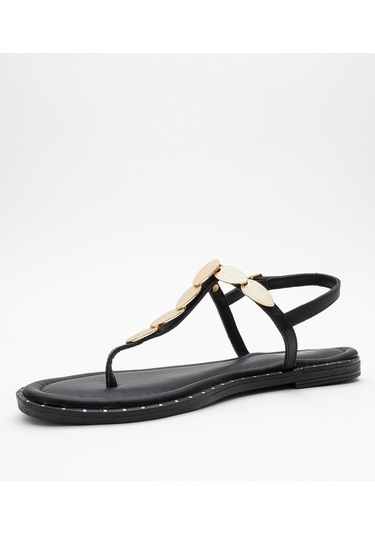 Marea Siyah Hakiki Deri Parmak Arası Gold Tokalı Kadın Sandalet Siyah