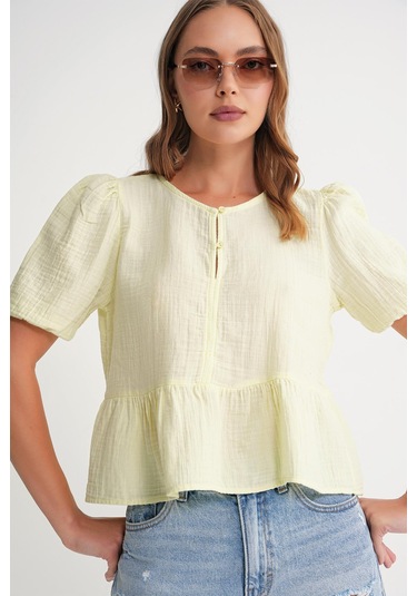 4713 Kadın Beli Büzgülü Kolu Lastikli Bol Müslin Bluz Pastel Sarısı Pastel Sarısı