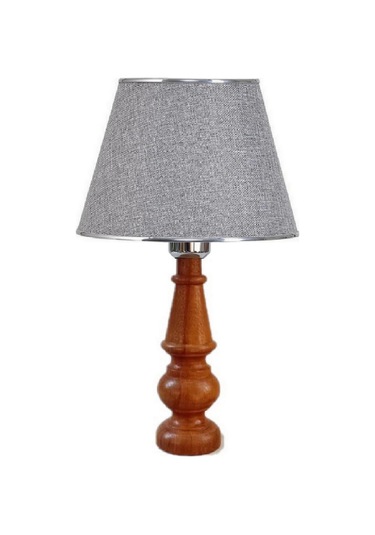Ahşap Gövdeli Kumaş Başlıklı Dekoratif Abajur Masa Lambası Aydınlatma Lamba Gri