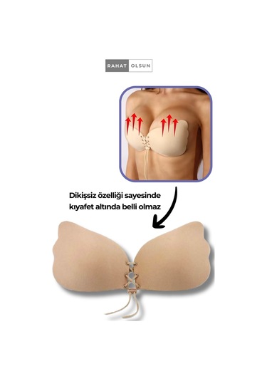 Askısız Yapışkanlı Toparlayıcı Bej Kelebek Hayalet Silikon Sütyen, Toparlayıcı Ipli Dolgunlaştırıcı Bej