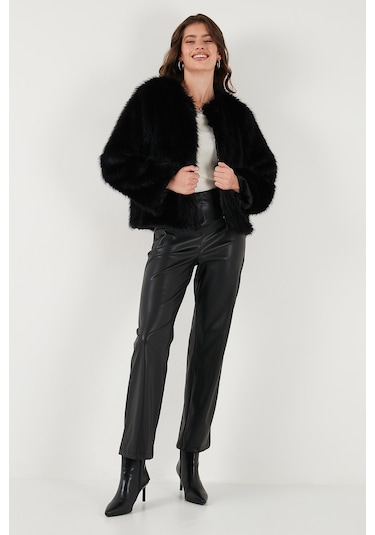 Lela Oversize Fit Yuvarlak Yaka Astarlı Kısa Bayan Kürk 6810266 Siyah