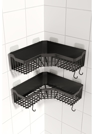 Köşe Yapışkanlı Banyo Rafı, 2 Parça Banyo Düzenleyici, Duş Rafı Gri - Siyah